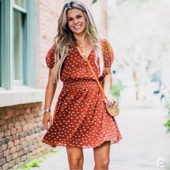 Madewell Dresses & Skirts - NWT Madewell Smocked-Waist Mini Dress in Burnt Clay Polka Dot - Size XS